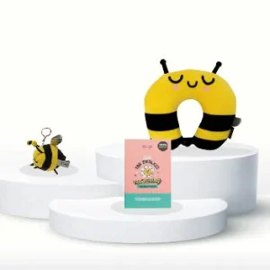 Pack Viaje abeja - Cojín cervical unicornio + llavero de peluche + libro de colorear